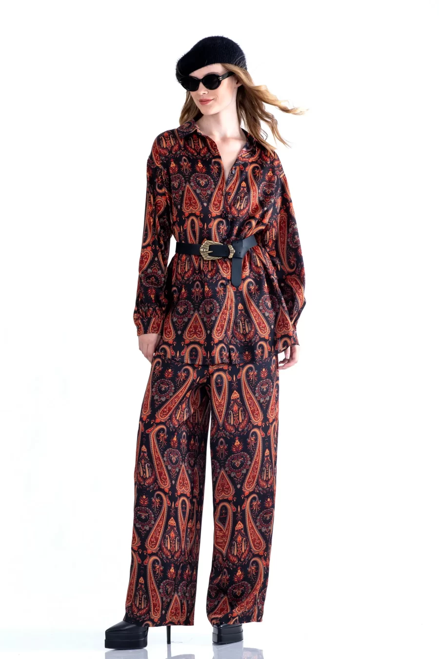 Μπλούζα μακριά με μακρύ μανίκι και ζώνη στο ίδιο μοτίβο White 22 - WT0530