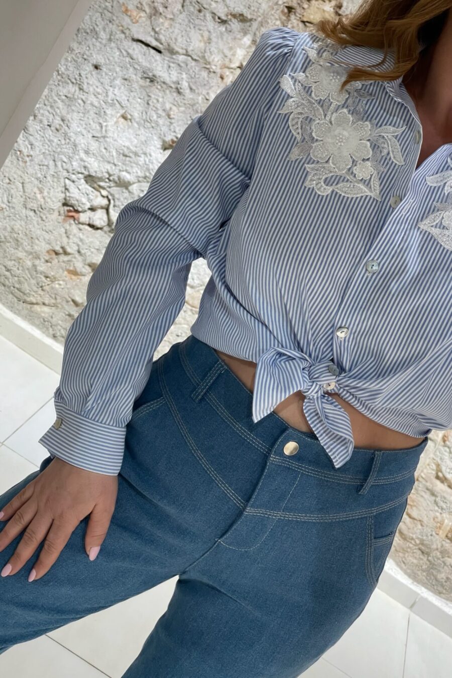 Τζιν παντελόνι ψηλόμεσο με εξωτερικά γαζιά We coss - 1029