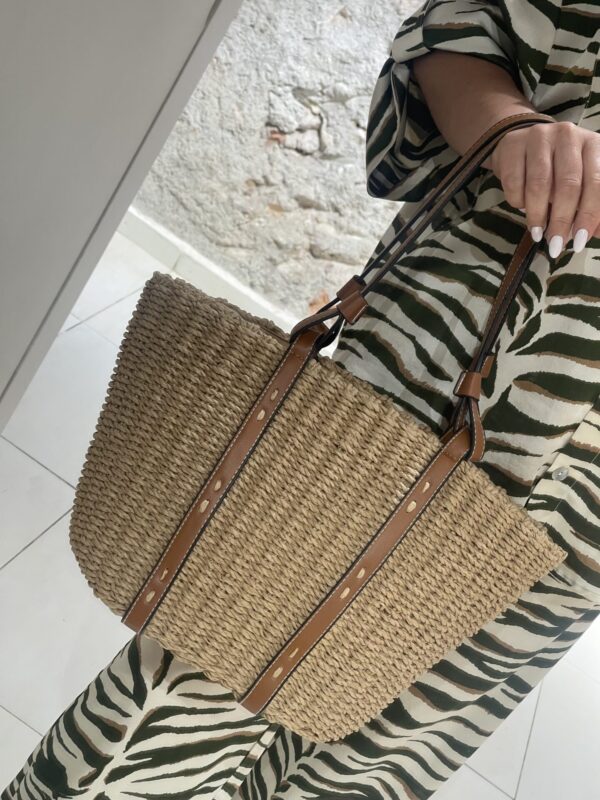 Τσάντα ψάθινη με eco leather χερούλι