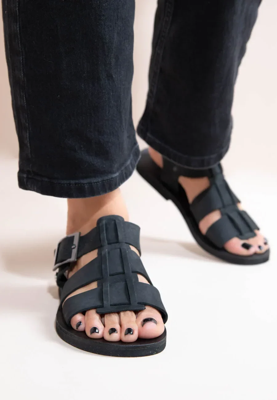 Γυναικεία Δερμάτινα Σανδάλια Μαύρα Sandalista - Tie Noir