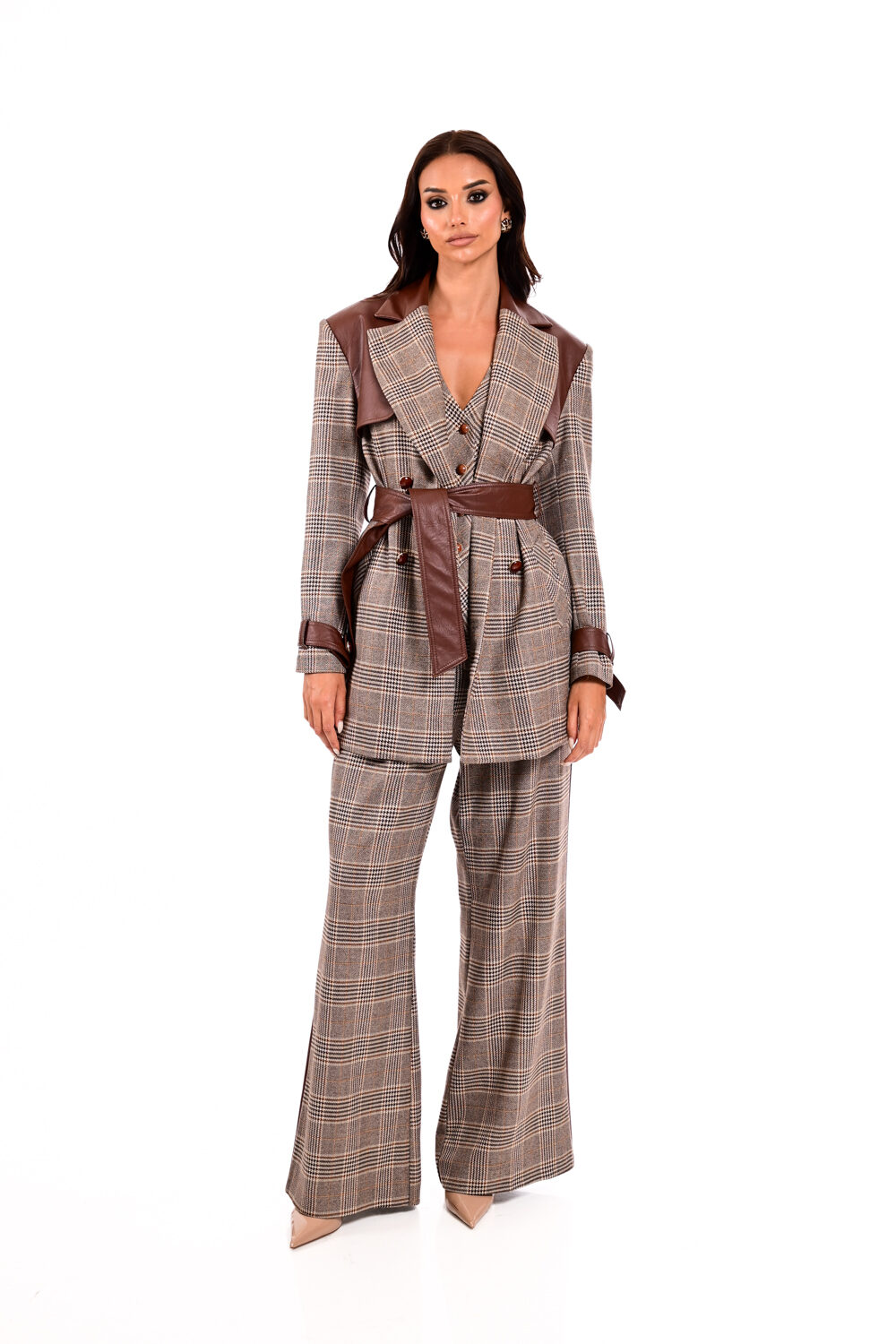 Παντελόνα καρό με κάμελ ρίγα στο πλάι - We Coss 1010 - Image 5