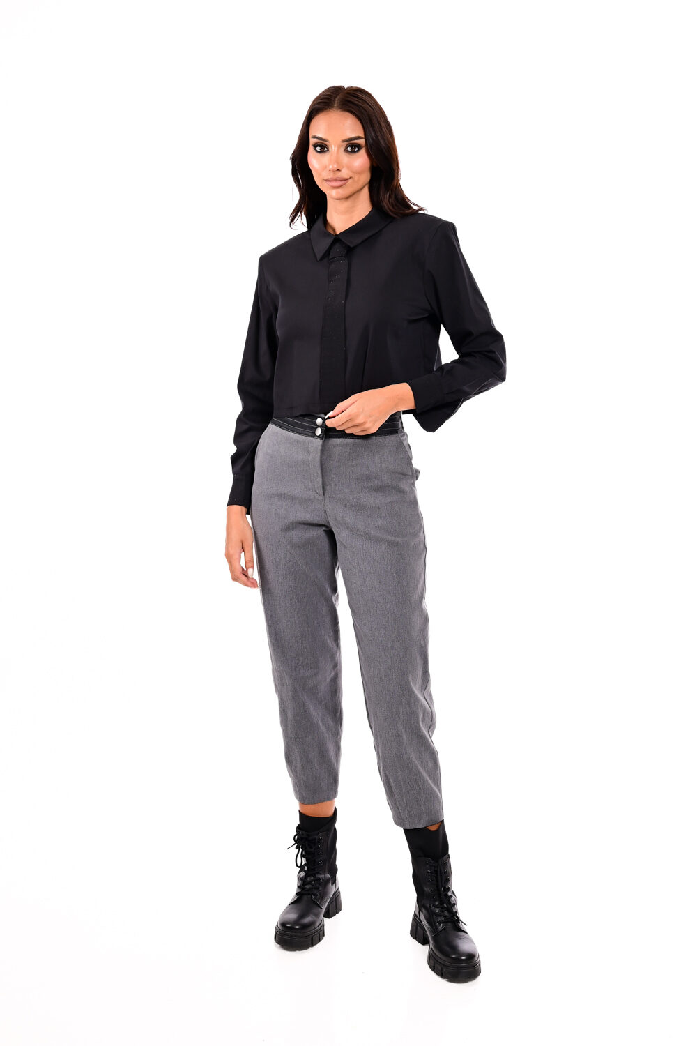 Παντελόνι με λάστιχο στη μέση και ρίγες eco leather We Coss – 1009 - Image 2