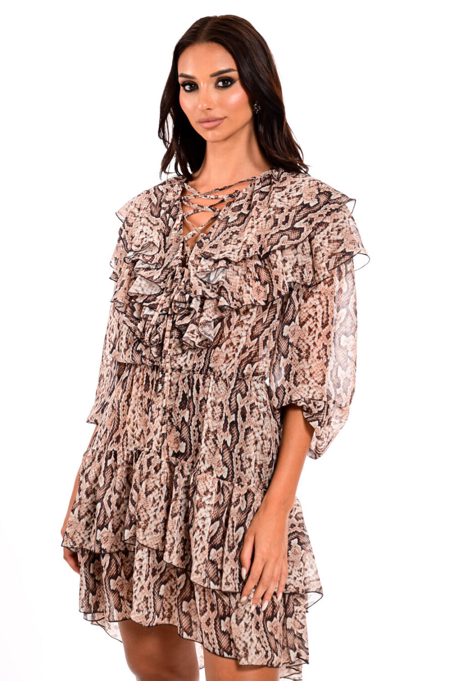 Φόρεμα  snake print με βολάν και δέσιμο στο ντεκολτέ We Coss - 2029