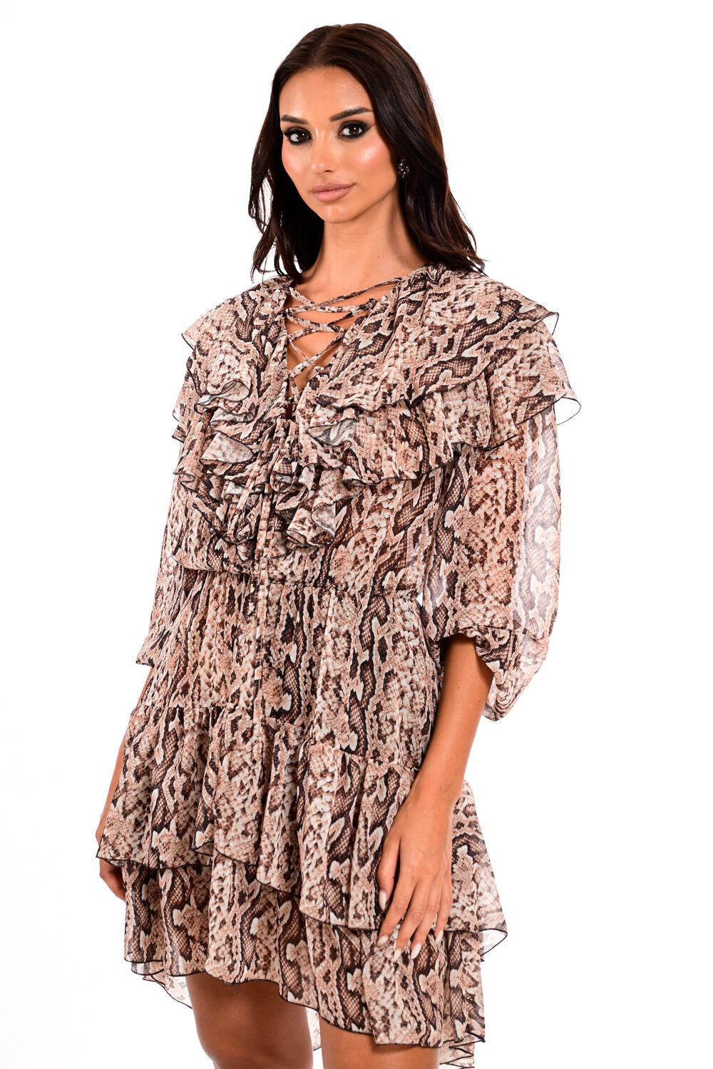 Φόρεμα snake print με βολάν και δέσιμο στο ντεκολτέ We Coss - 2029