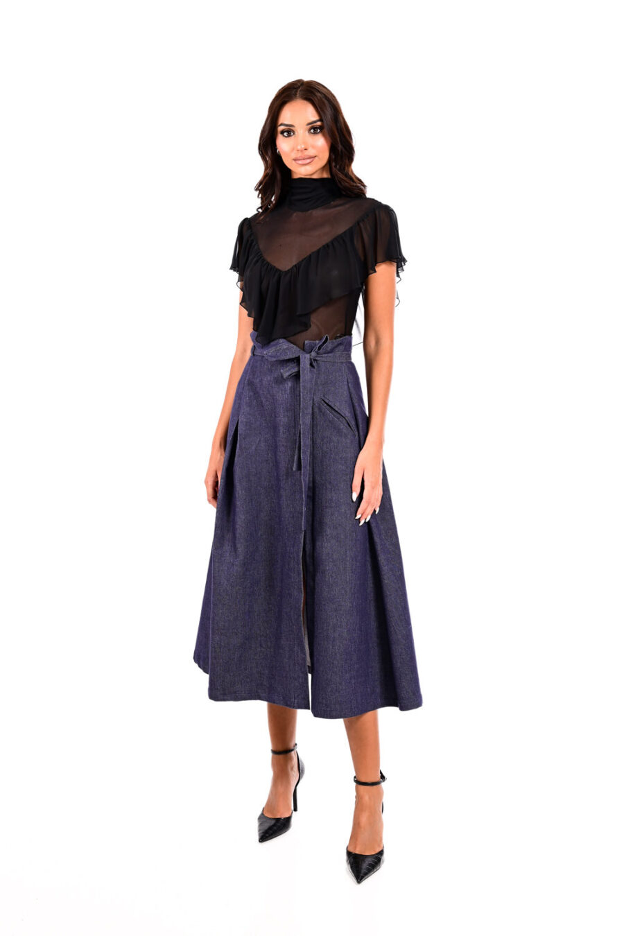 Φούστα τζιν μίντι με ζώνη We Coss - 4003