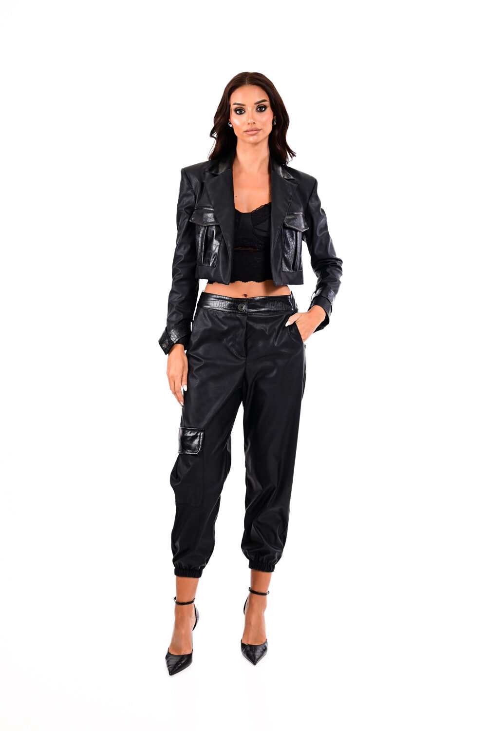 Παντελόνι δερμάτινη cargo με λεπτομέρειες κρόκο We Coss - 1017 - Image 4