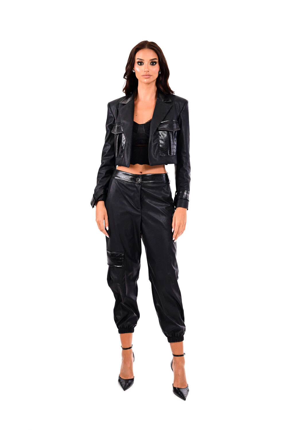 Παντελόνι δερμάτινη cargo με λεπτομέρειες κρόκο We Coss - 1017 - Image 3