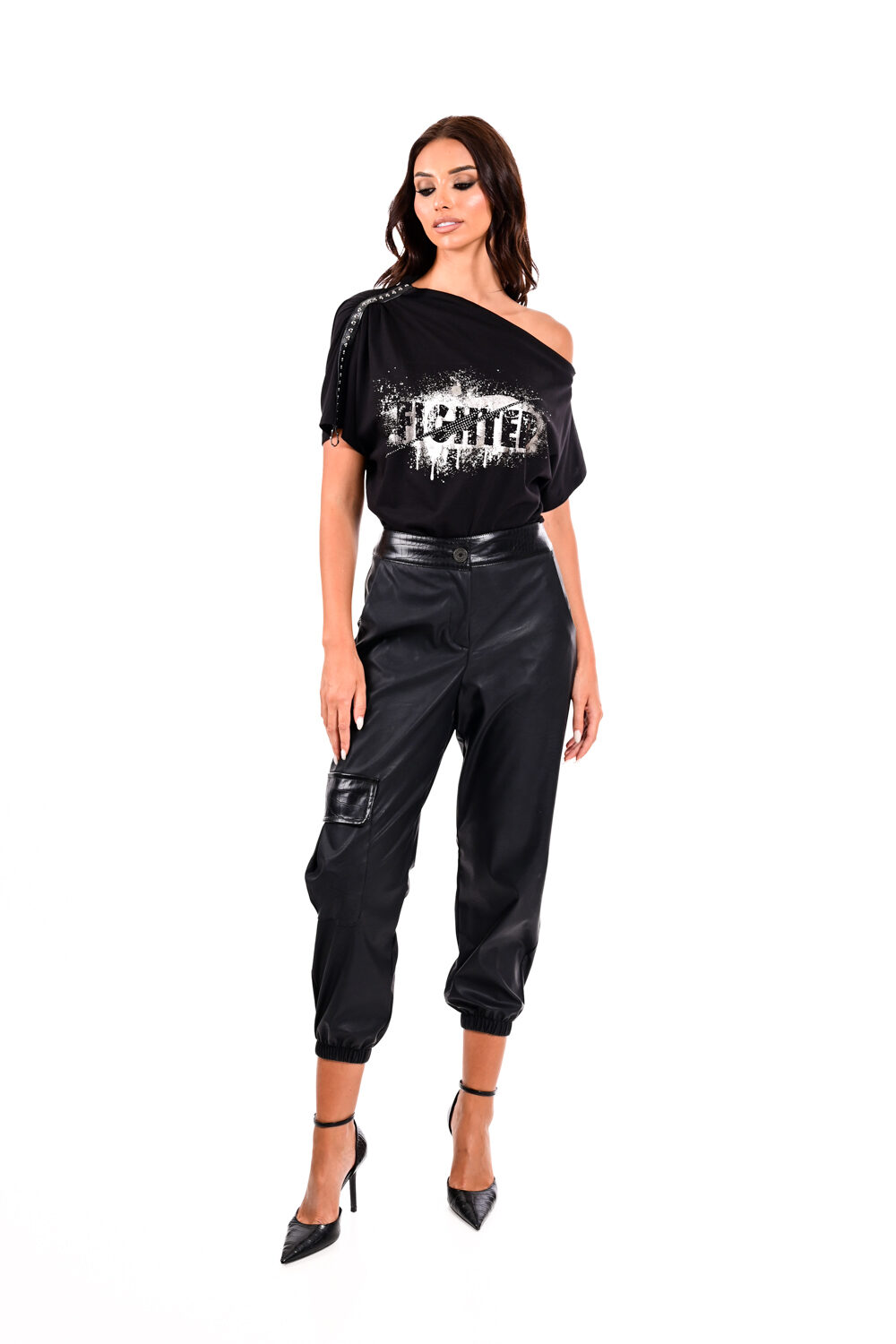 Παντελόνι δερμάτινη cargo με λεπτομέρειες κρόκο We Coss - 1017 - Image 2